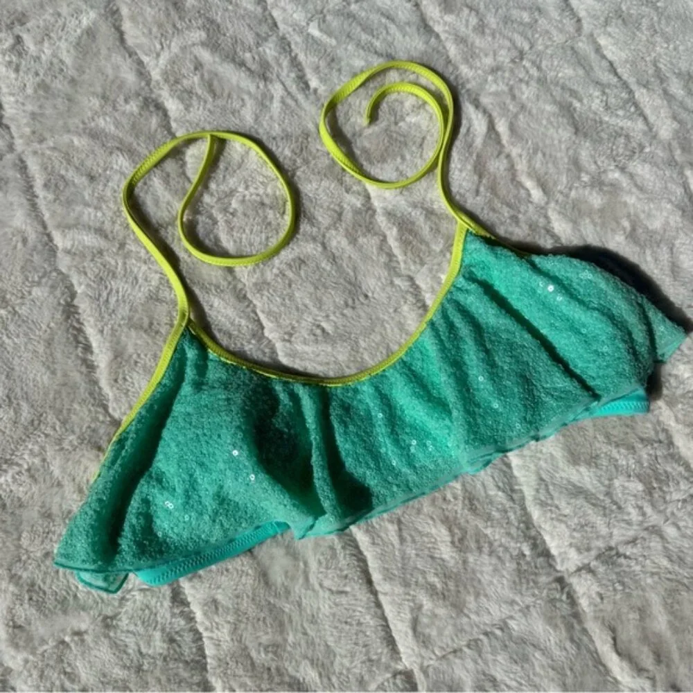 Victoria's Secret | Aqua Sequin Flounce Bikini Top | Size Medium